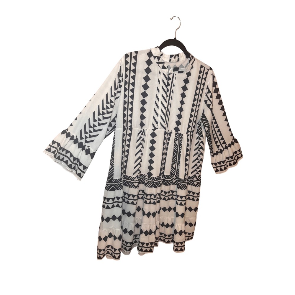 Silk & Salt Women Midi Dress M White Black Geometric Tribal Artsy Boho Babydoll